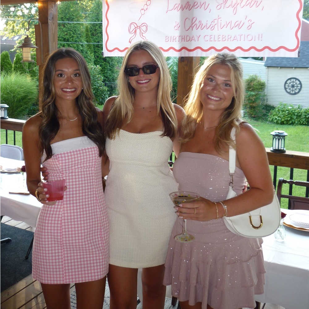 Pink gingham strapless dress